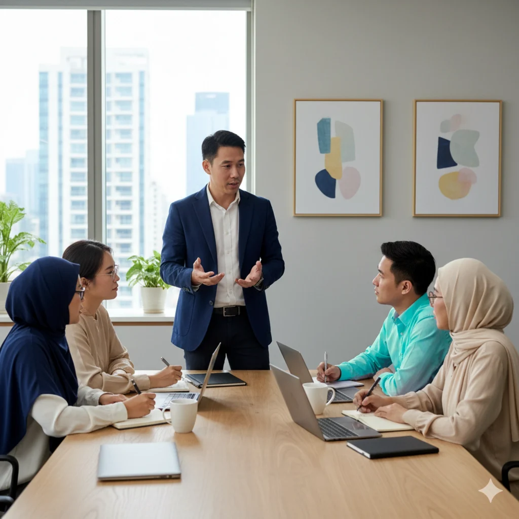 A diverse Asian team meeting in an office.