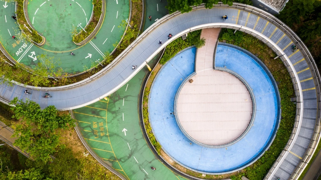 Aerial view of a winding cycling path