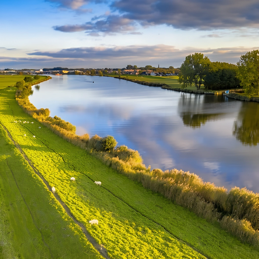 An aerial view of a river winding through a landscape of green fields in the Netherlands.