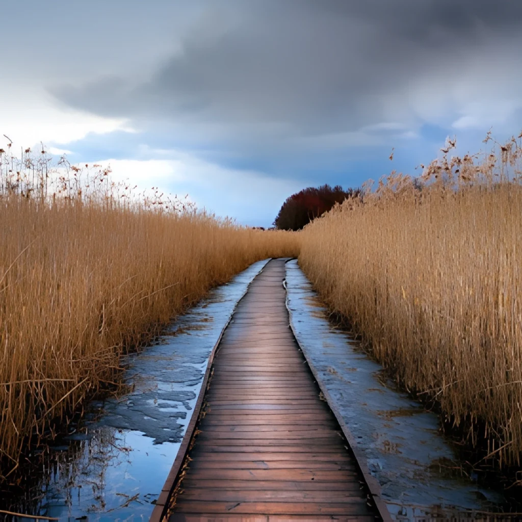A boardwalk through a wetland area in the Netherlands.