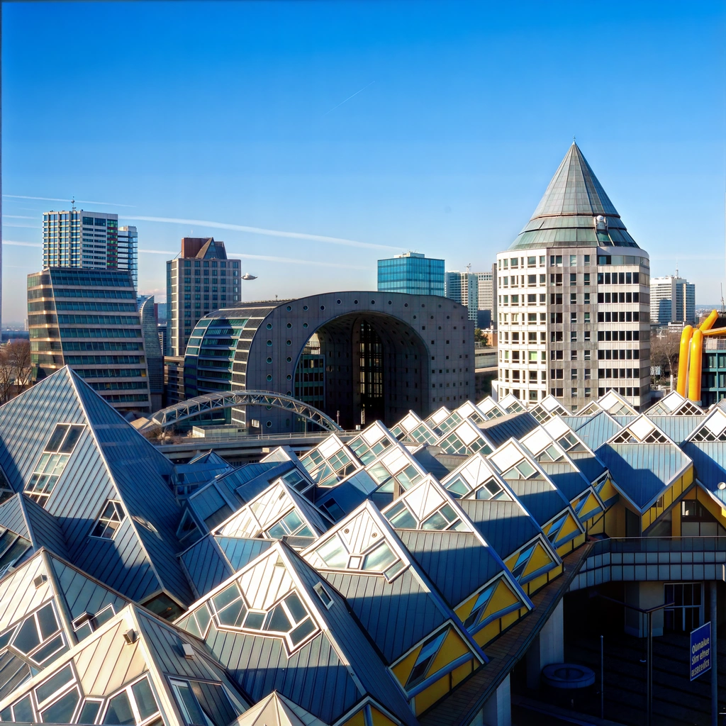 An aerial view of modern architecture in Rotterdam.